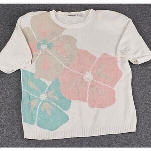 VTG Suburbans sweater womens size S ivory with tan teal peach floral pearls
